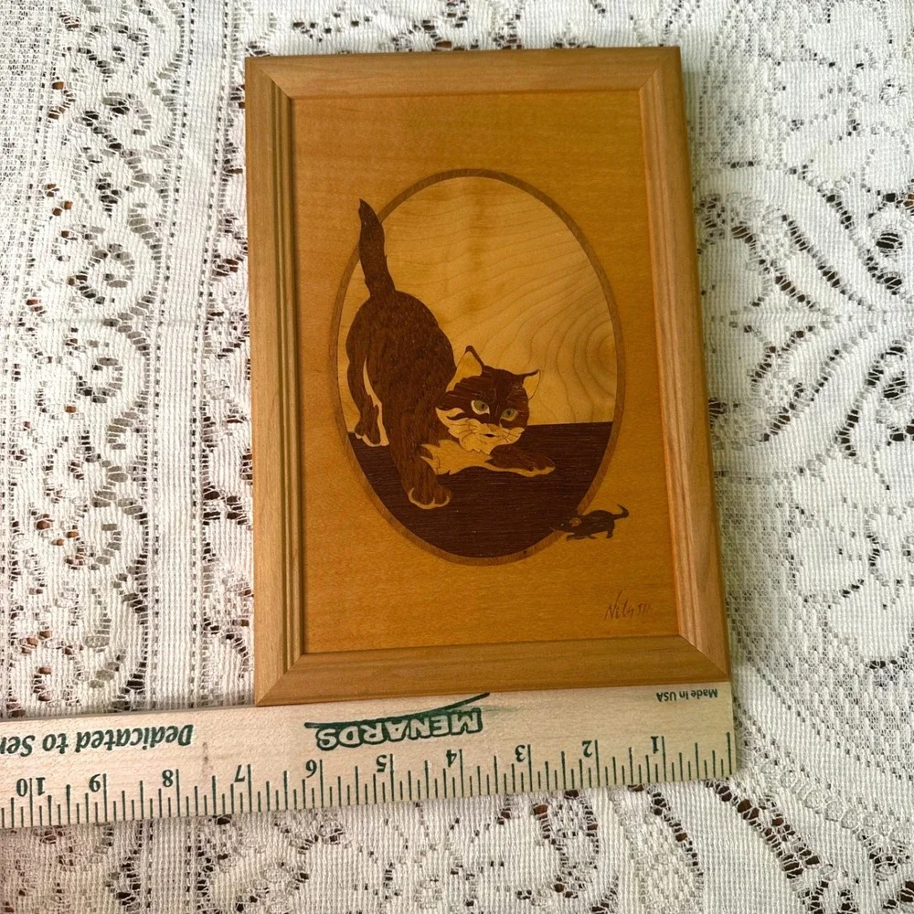Hudson River Inlay Nelson Marquetry Wood Art Cat Mouse A Better Mousetrap 9x6